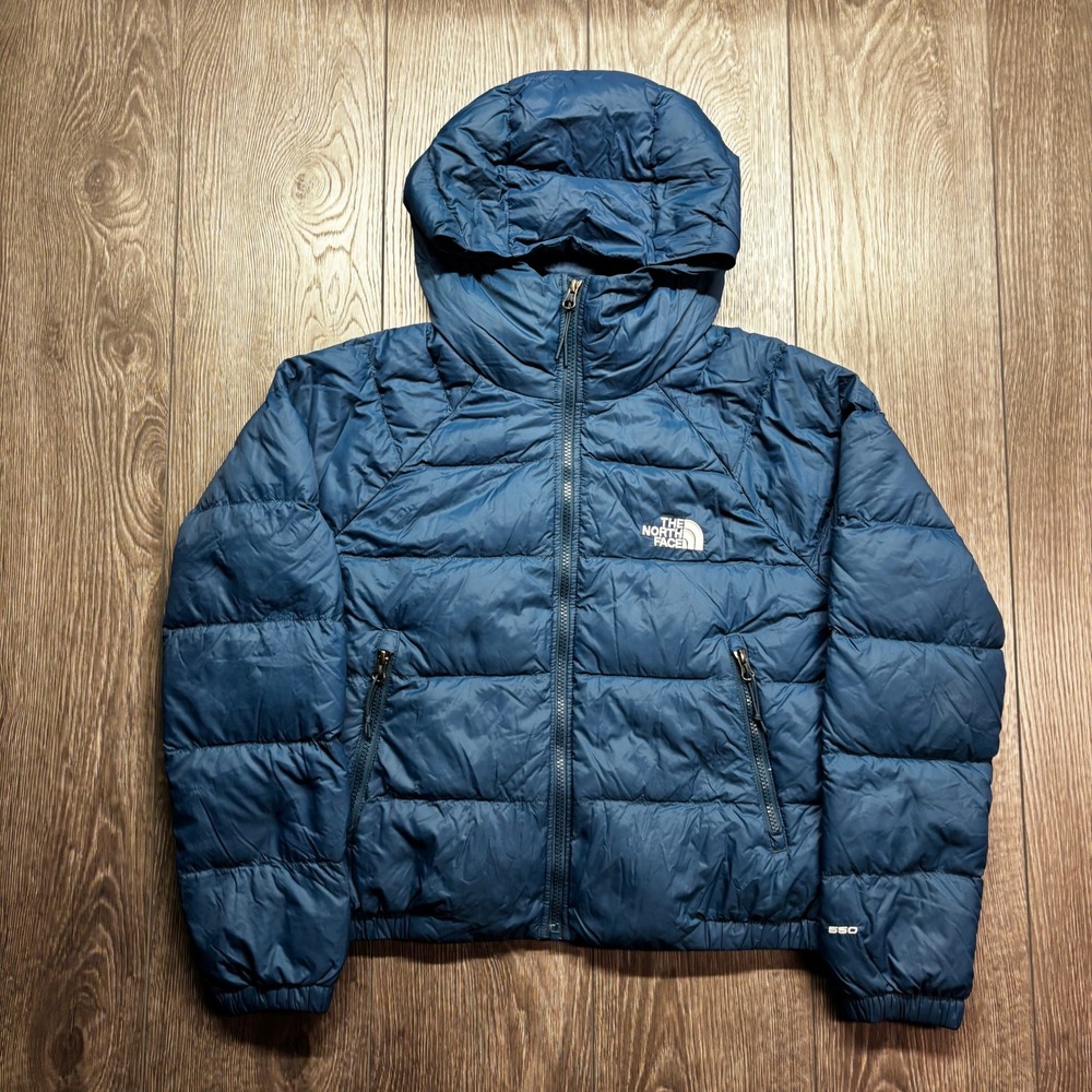 The North Face Womens 550 Down Puffer Jacket Blue Hooded Insulated Coat Medium
